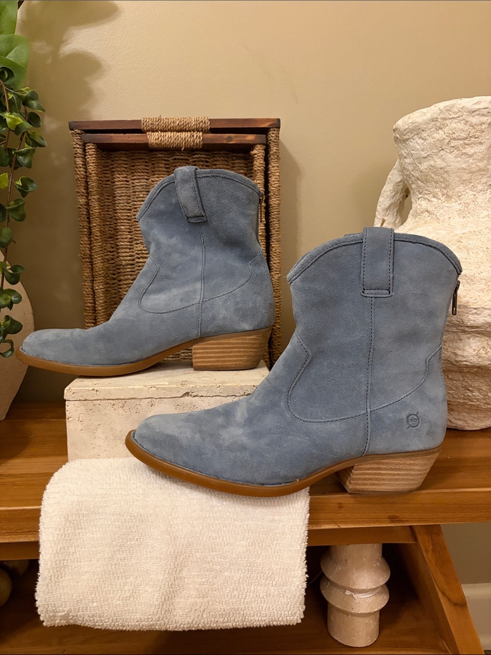 Born Light Blue Suede Western Ankle Boots